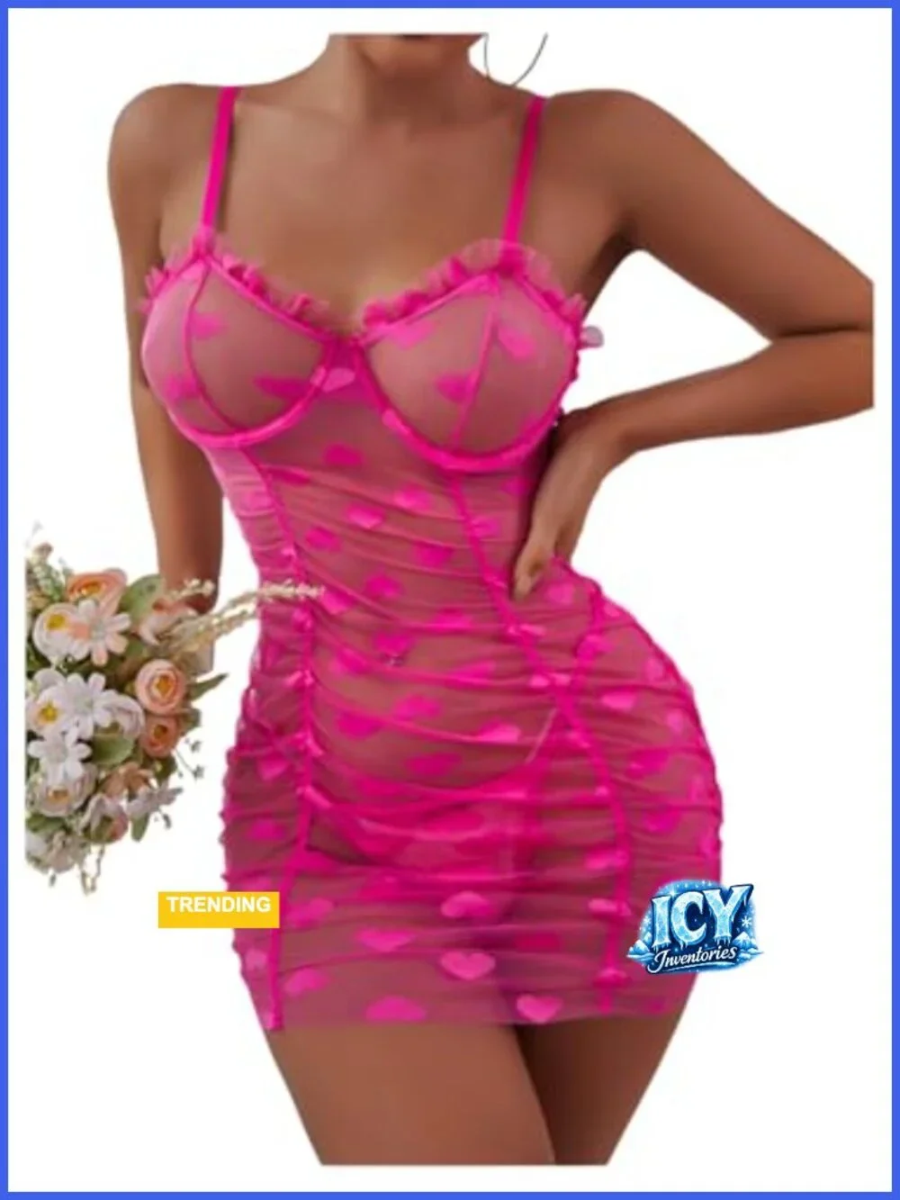 Women's Sheer Mesh Babydoll Chemise Nightgown with Thong, Sleeveless Ruffle